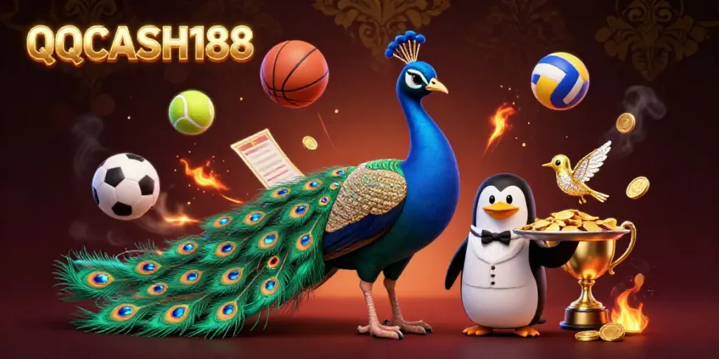 Experience the excitement of QQCASH188 with a vibrant casino scene featuring dynamic sports betting elements and a colorful peacock.