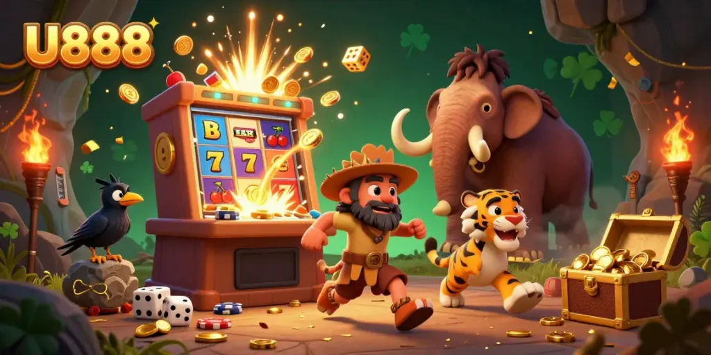 Experience the vibrant world of U888 with a lively 3D casino scene featuring characters interacting with slot machines and giant dice.