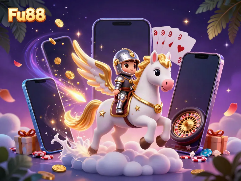 Experience Fu88 with a 3D celestial horse and knight, surrounded by vibrant casino elements.