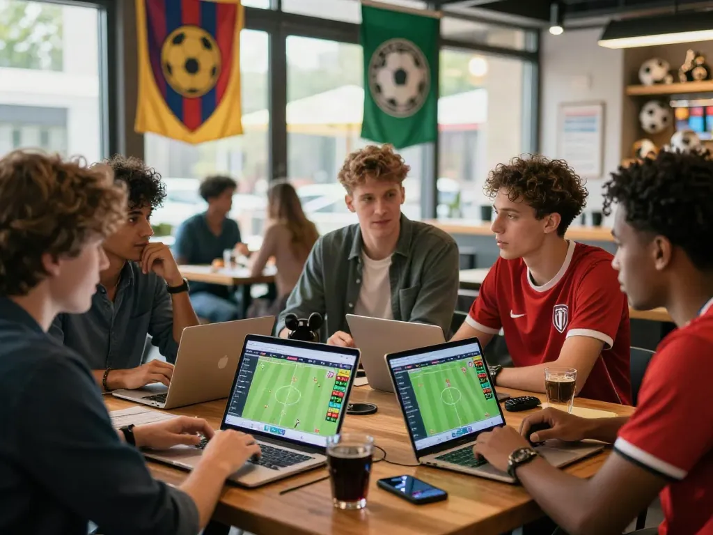 WWBOLA betting enthusiasts analyzing soccer odds in a lively sports bar.
