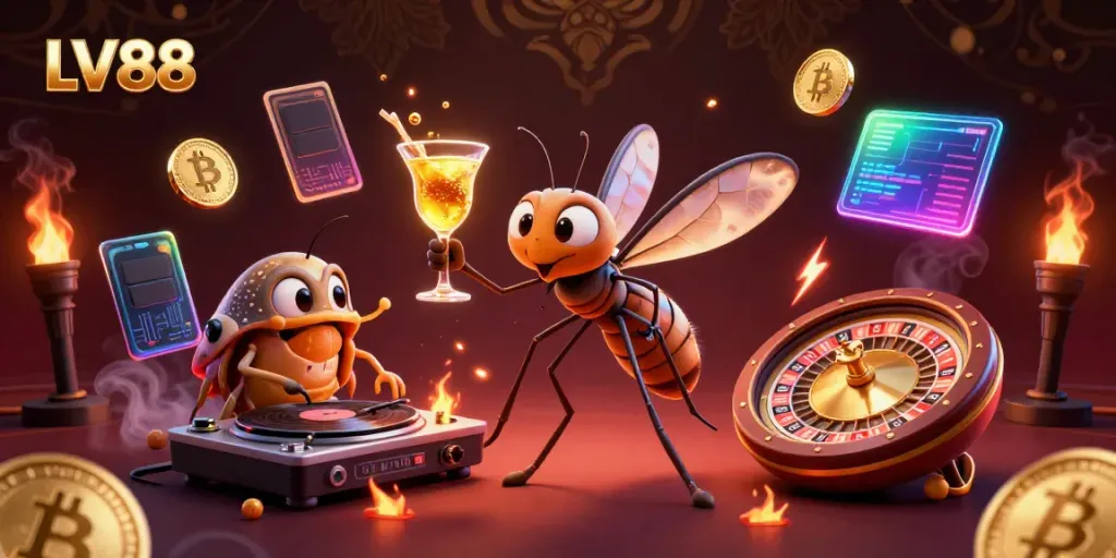Engage with LV88's vibrant casino experience featuring a frozen mosquito mascot and a trilobite DJ.