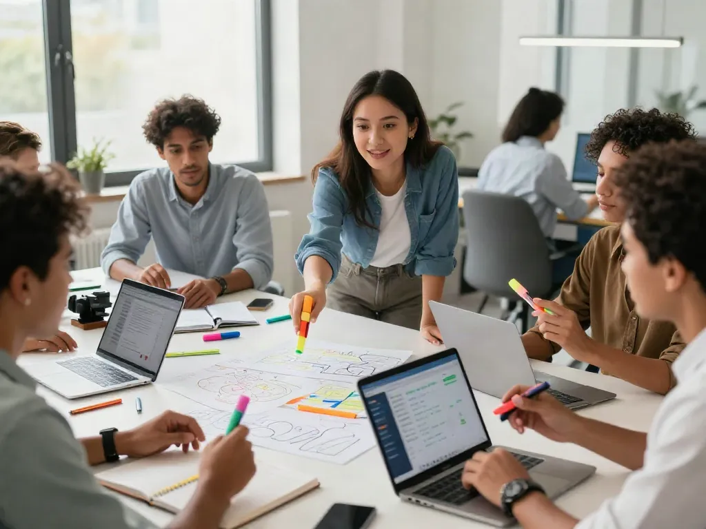 Highlighter manufacturer showcasing a diverse team collaborating with colorful highlighters in a bright office.