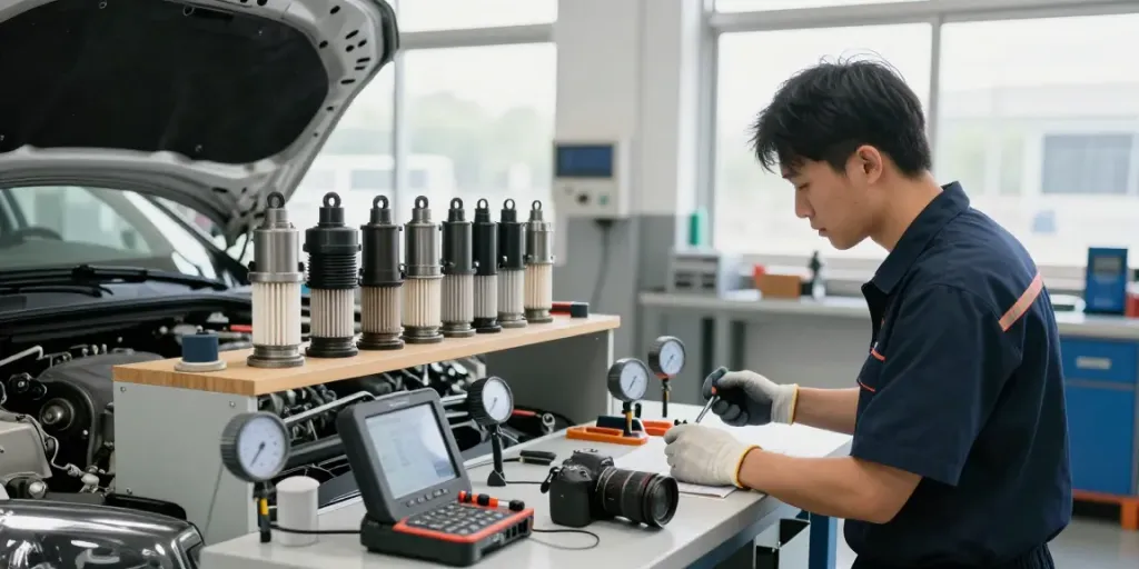 DPF Reinigung Hannover - Techniker inspiziert Dieselpartikelfilter in Werkstatt