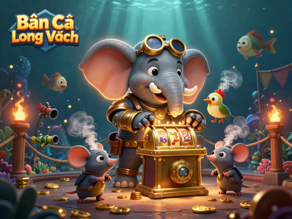 Engage in thrilling Bắn Cá Long Vương action with a steampunk elephant and underwater elements amidst golden rewards.