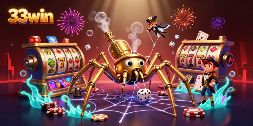 Experience thrilling gambling with 33win in a vibrant, action-packed 3D casino scene.