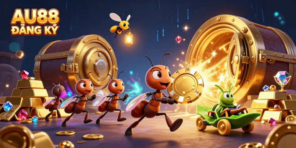 Experience the excitement of AU88 ĐĂNG KÝ as cartoon ants seize a giant poker chip in a vibrant casino heist.