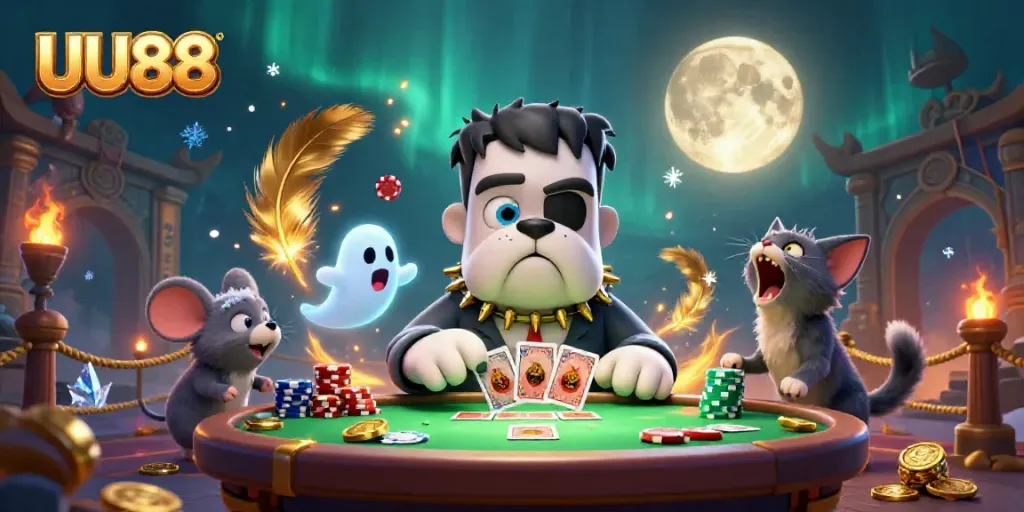 Engage with UU88 at an immersive casino table with a Frankenstein bulldog dealer, spooky ambiance, and lively atmosphere.
