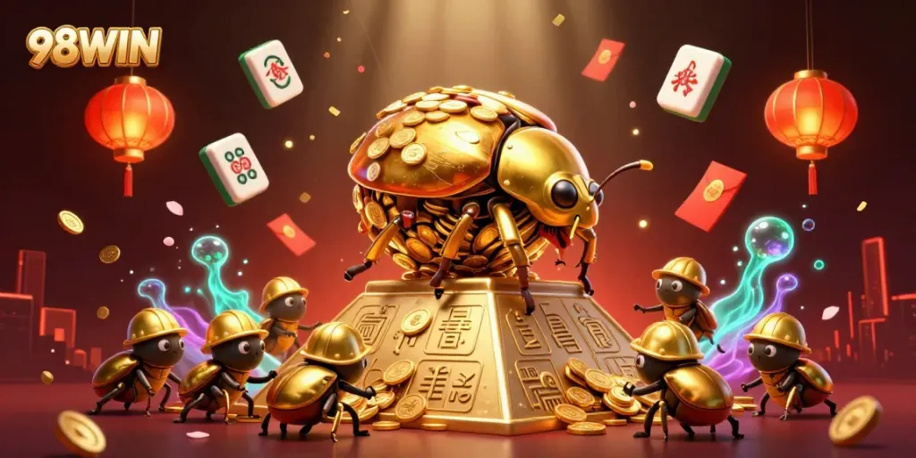 98WIN showcasing a golden beetle team rolling coins up a pyramid for a vibrant casino scene.