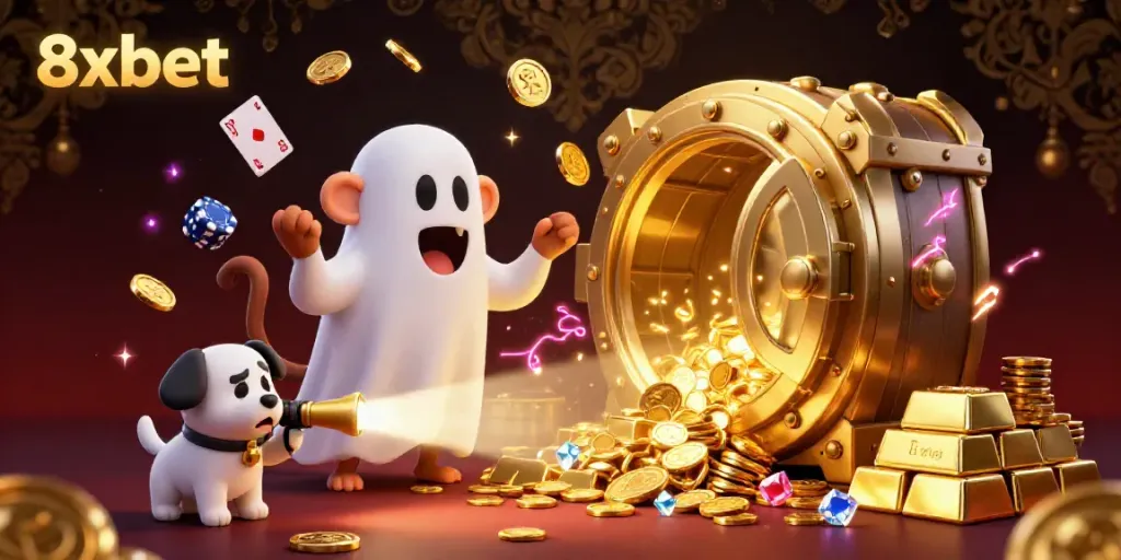 Engage with 8xbet's vibrant casino world featuring a playful ghost-hunter puppy and a mischievous monkey amidst golden treasures.