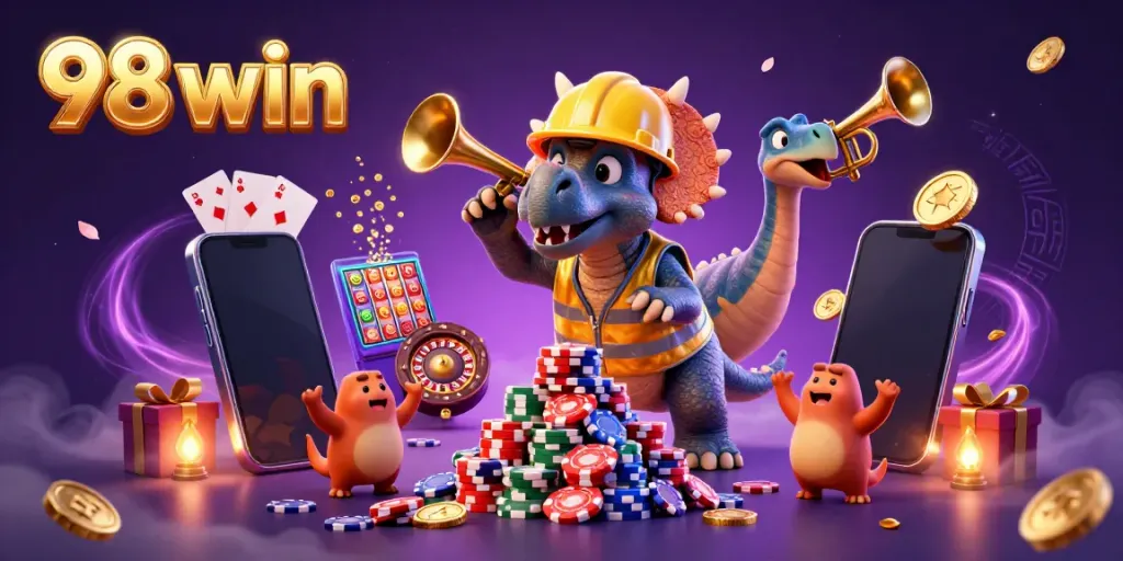 Players enjoy a vibrant casino experience with 98 win-themed characters celebrating a game-winning moment.