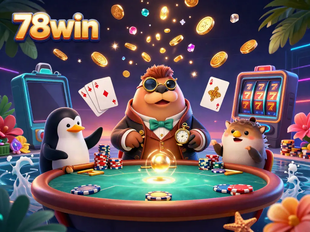 Engage in thrilling underwater poker with 78win, featuring a jolly walrus and a sophisticated penguin dealer.
