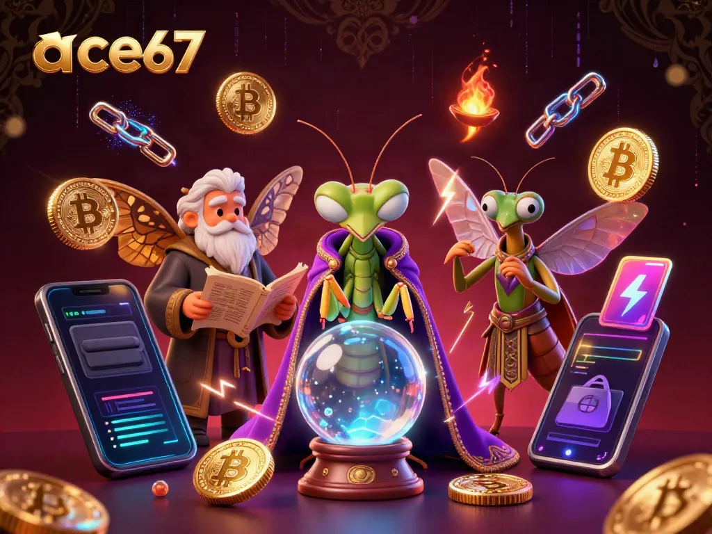 Engage with ace67's vibrant 3D casino scene featuring mystical characters and crypto elements.