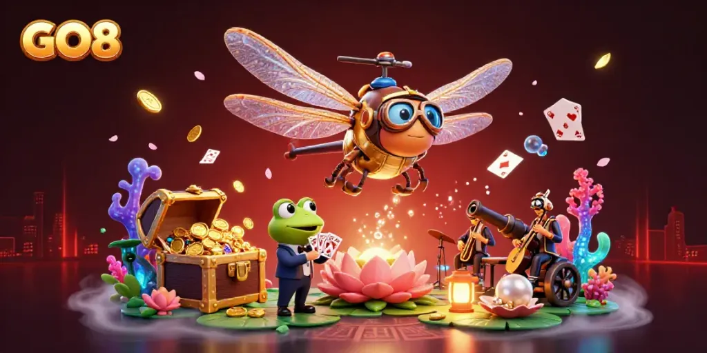 Experience the excitement of GO8 with a vivid 3D illustration of casino-themed characters enjoying a lively gaming atmosphere.