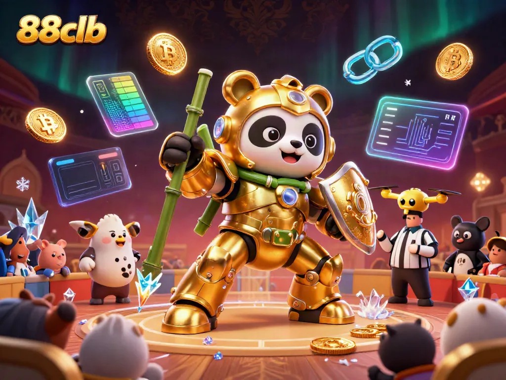 Engage in thrilling gameplay at 88clb with a vibrant scene of a mech-suit panda and crypto elements.