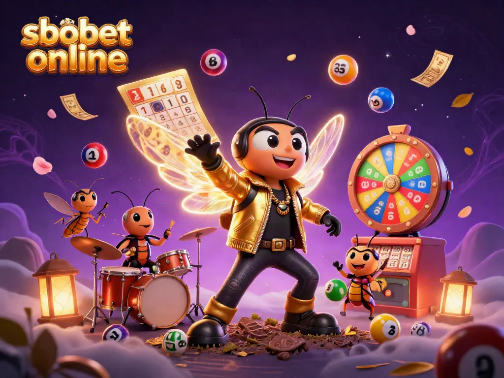 Experience sbobet online with a vibrant illustration of a rock star cicada, colorful lottery balls, and dynamic casino elements.