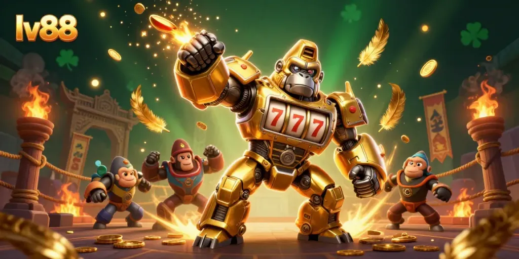 Experience dynamic gaming action with lv88's golden gorilla mech and vibrant casino elements.