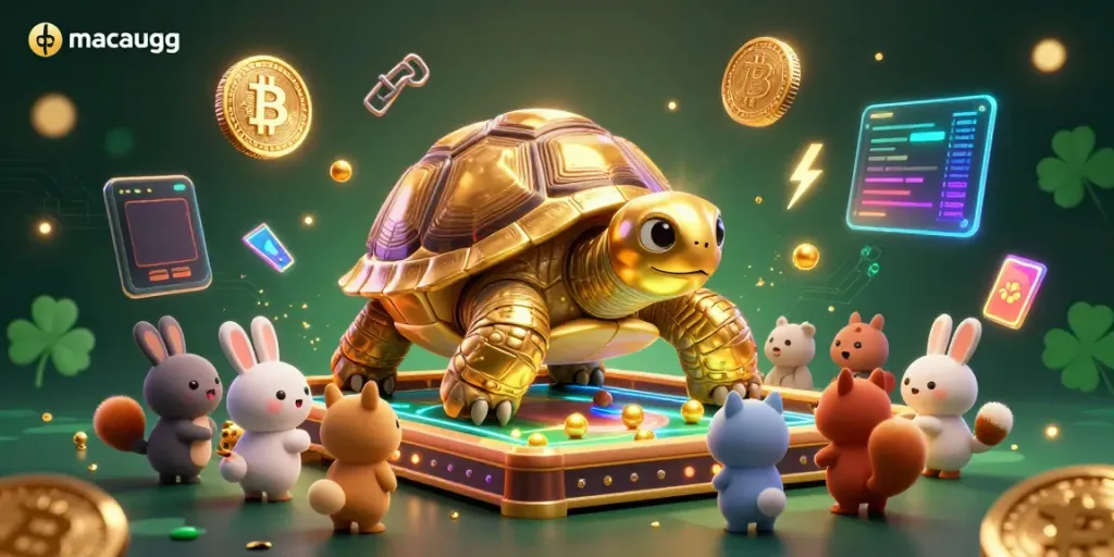 Play exciting games at macaugg with a golden tortoise pinball machine surrounded by lively animated characters.