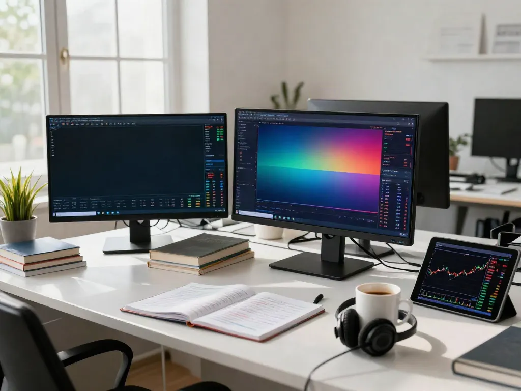 Trader using MetaTrader 5 software in a bright office with charts and trading tools.