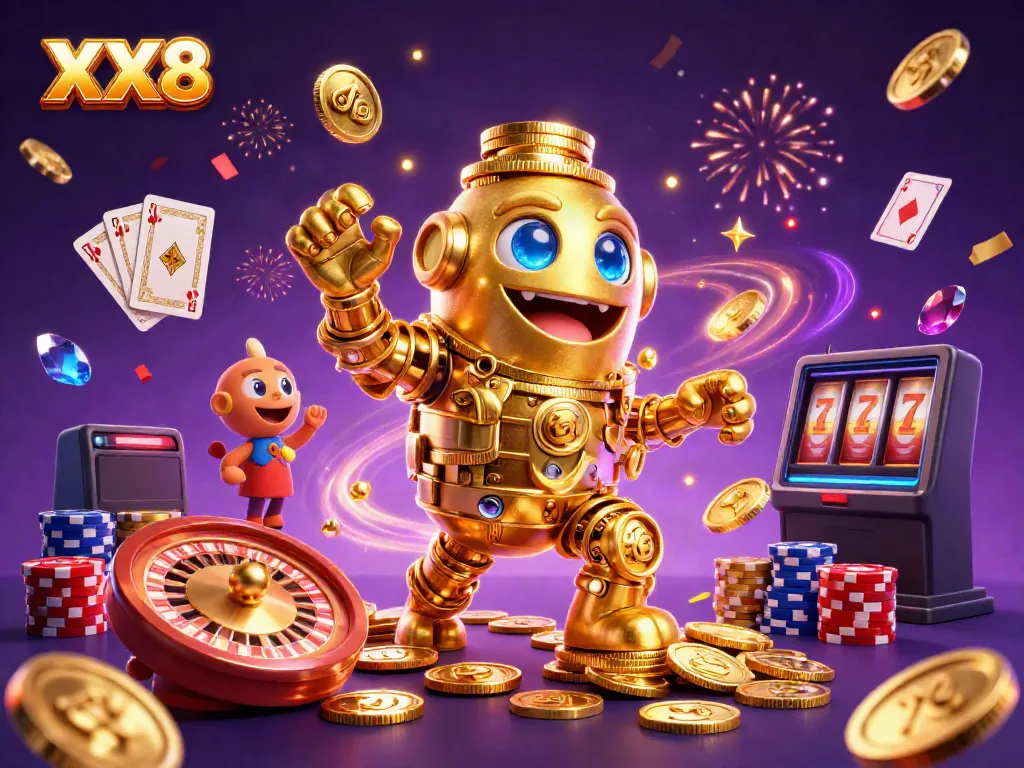 Experience the thrill of XX8: A vibrant 3D illustration of a dynamic casino scene with golden golems, coins, and games.