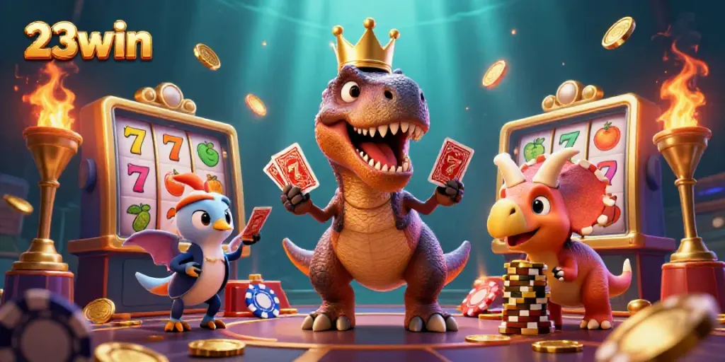 Experience the thrill of 23win gaming with T-Rex and friends in a vibrant casino scene.