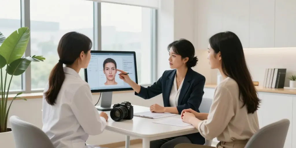 Consultation scene highlighting Alternatives to QOVES with an aesthetics expert discussing facial analysis.