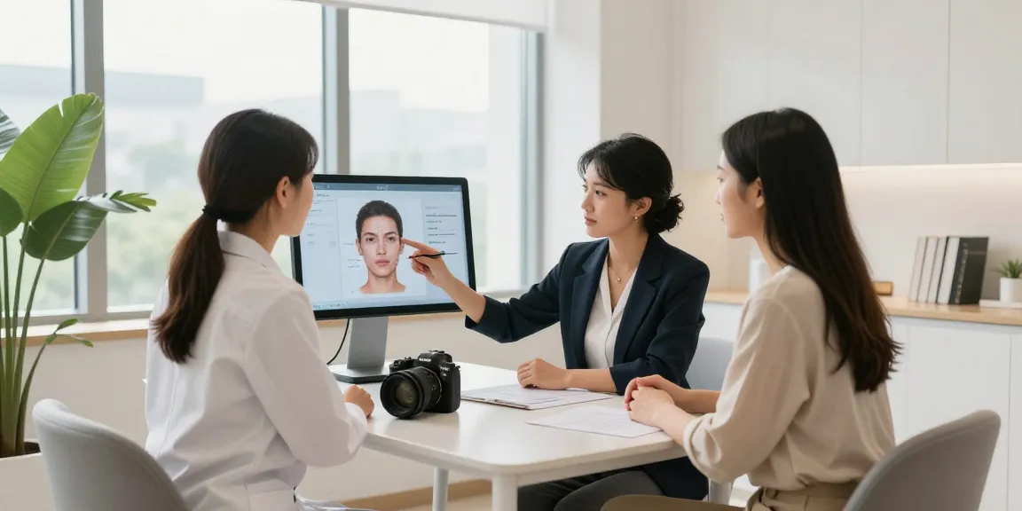 Consultation scene highlighting Alternatives to QOVES with an aesthetics expert discussing facial analysis.