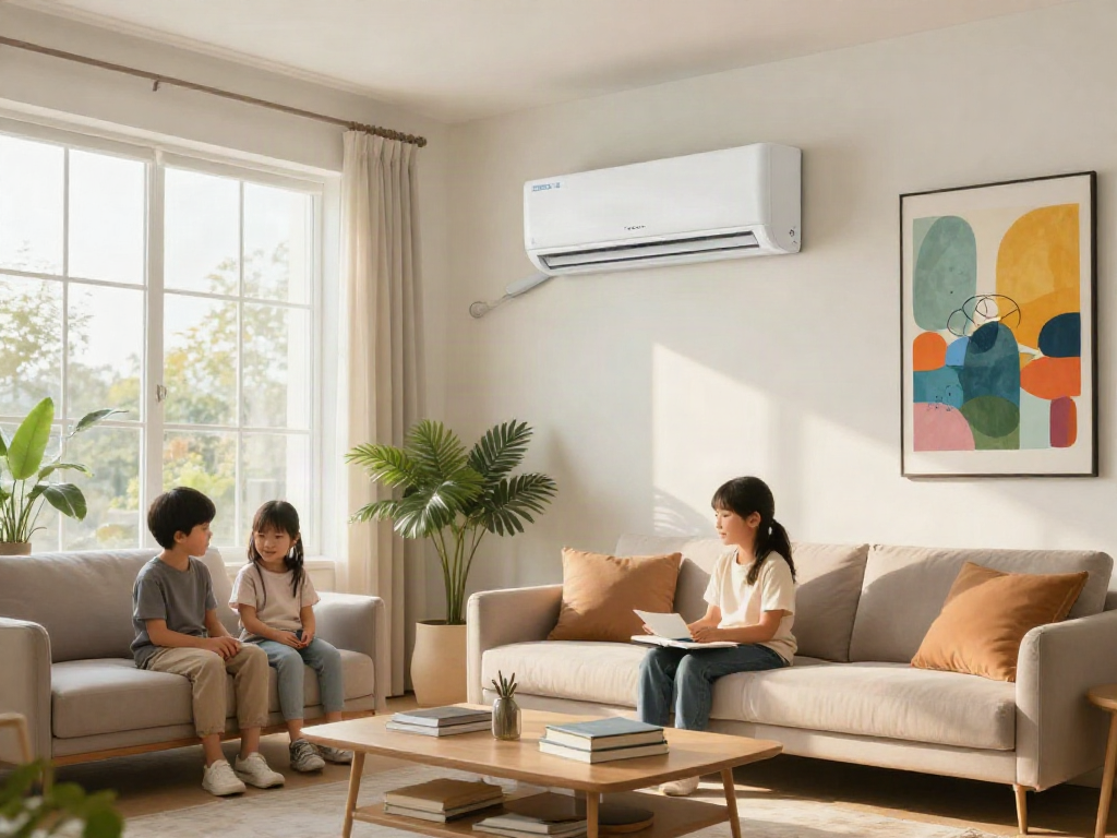 Cozy living room with family enjoying comfort from a mini split ac system, stylish decor.