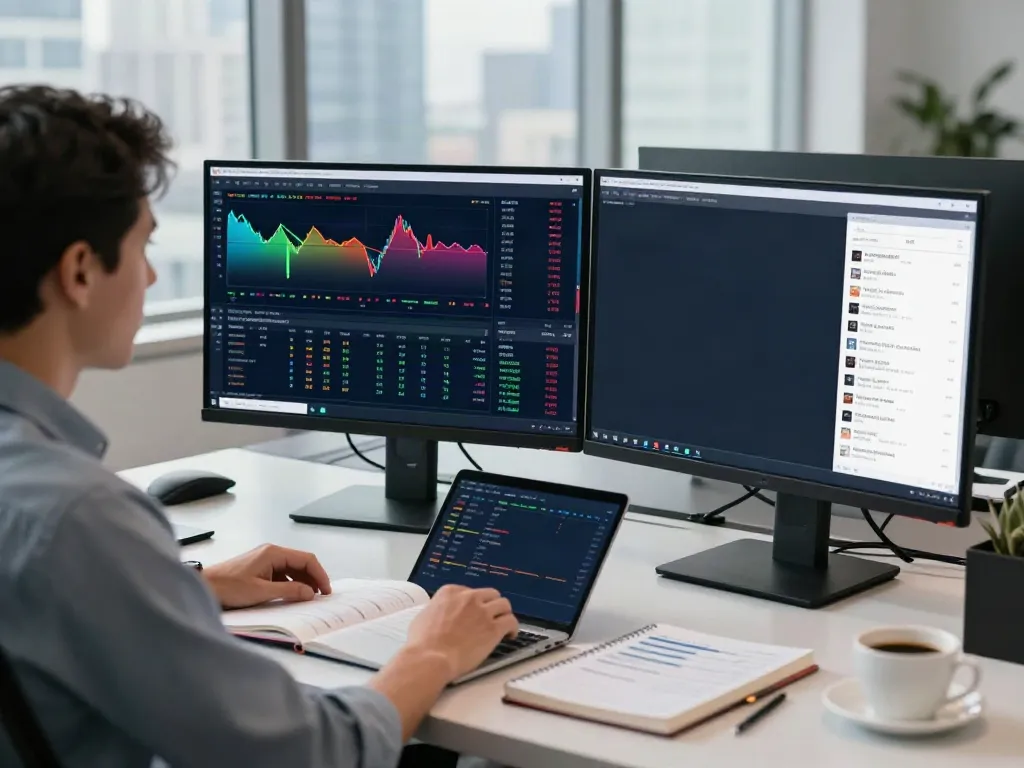 Trader using MetaTrader 5 on dual monitors with financial charts in a modern office.