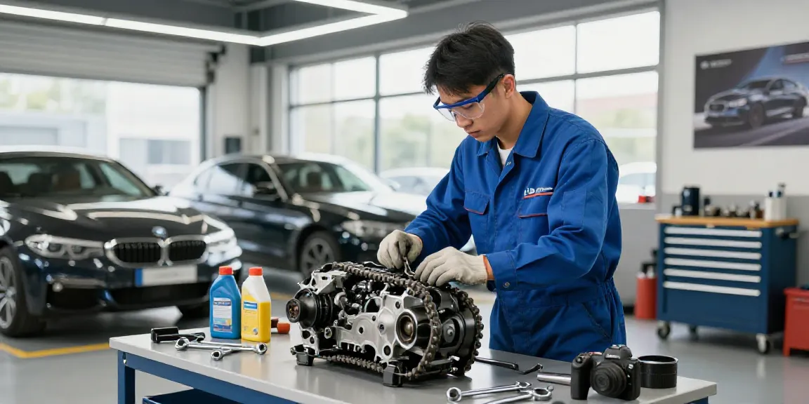 Expert mechanic inspecting BMW engine timing chain in Hannover garage.