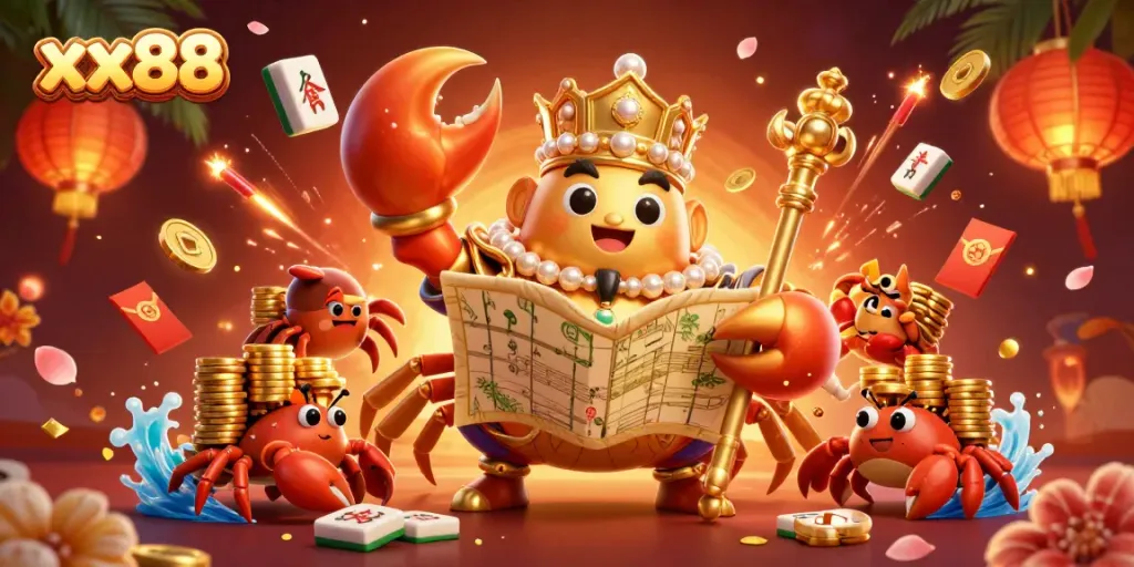 Experience thrilling casino vibes in a majestic scene featuring the golden crab emperor and treasures in vibrant colors.
