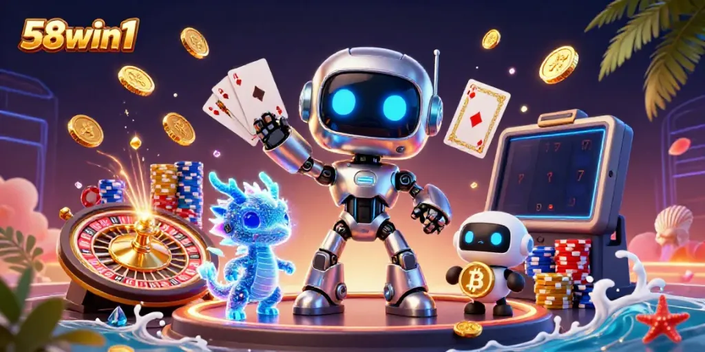 Experience thrilling gaming with 58win1's captivating 3D casino illustration featuring robots and coins.