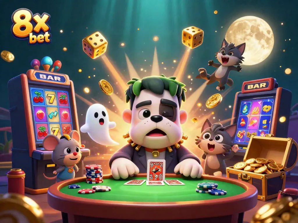 Engage in thrilling fun with 8x bet as a Frankenstein bulldog monster deals cards at a captivating lavish casino table.