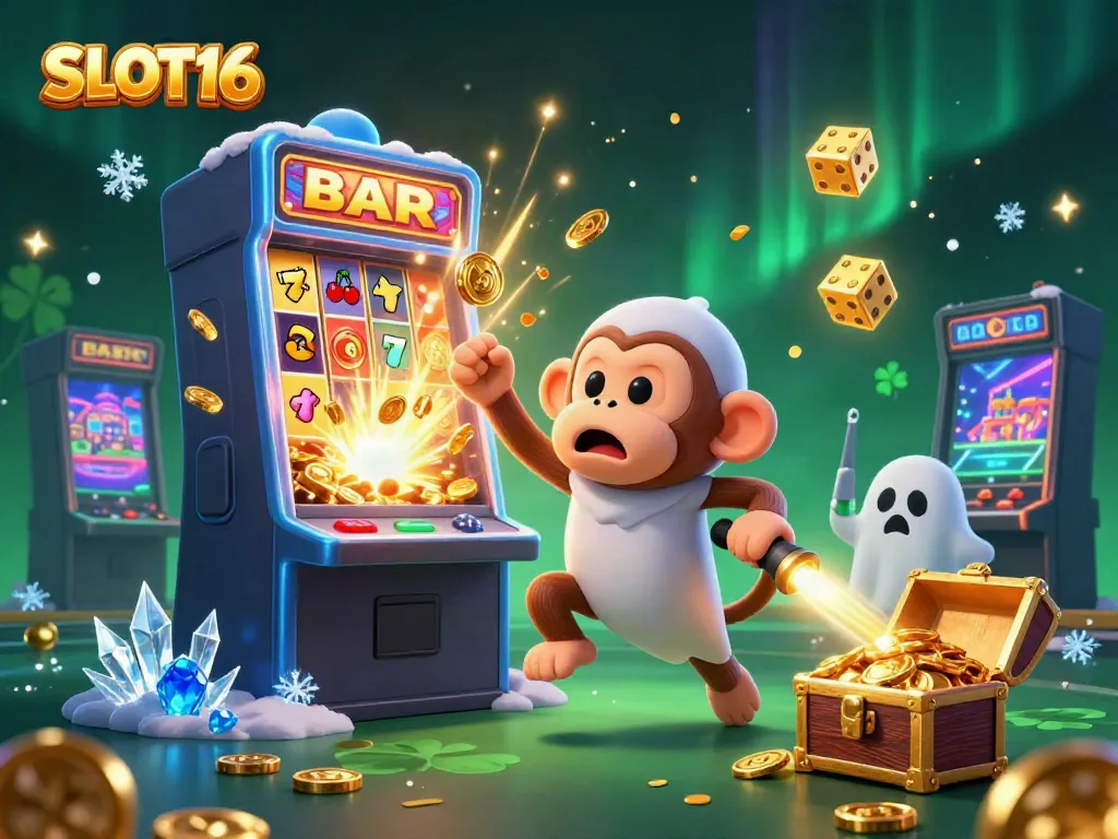 SLOT16 showcases thrilling casino action with a mischievous poltergeist monkey and ghost-hunter puppy amid game elements.