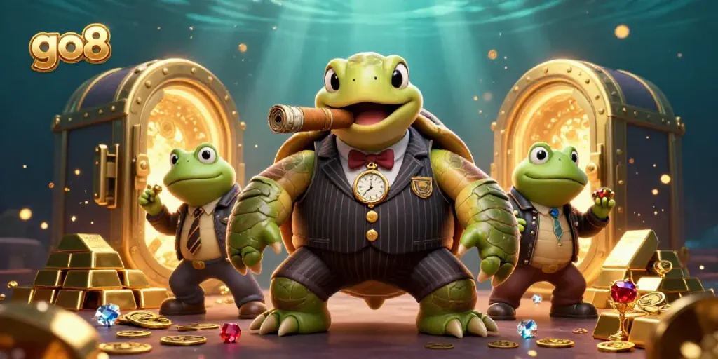 Experience the thrill of go8 with an astounding casino illustration featuring a snapping turtle mobster and treasure.