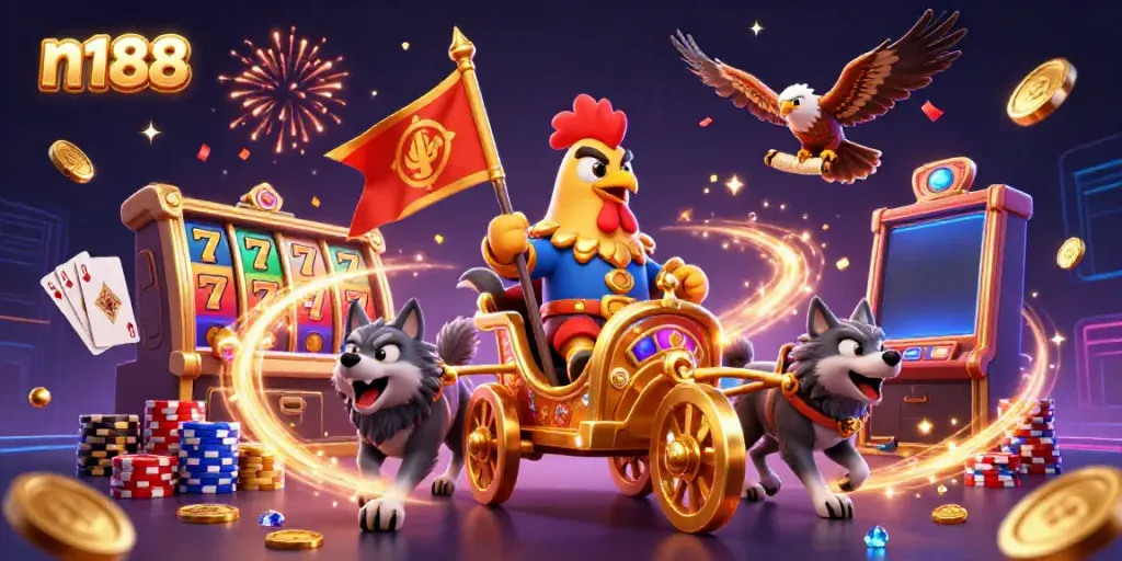 Join the excitement of n188 with a vibrant depiction of a rooster warlord and casino elements.