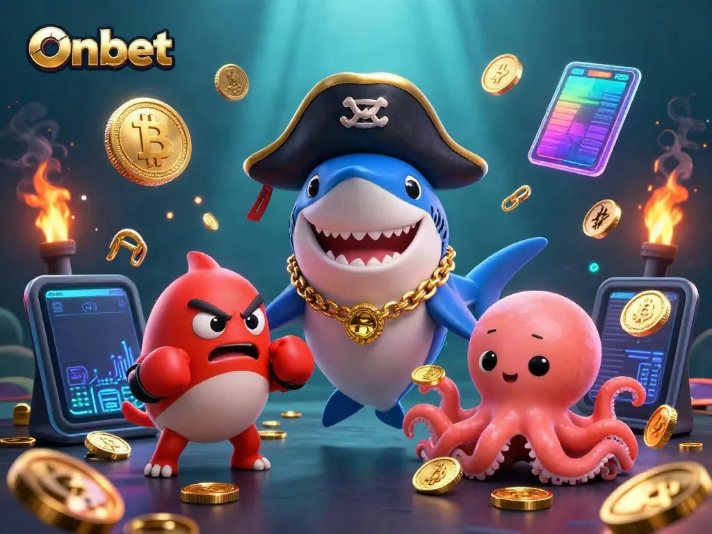 Experience the excitement of Onbet with a pirate shark, boxing pufferfish, and treasure-holding octopus in a vibrant casino scene.