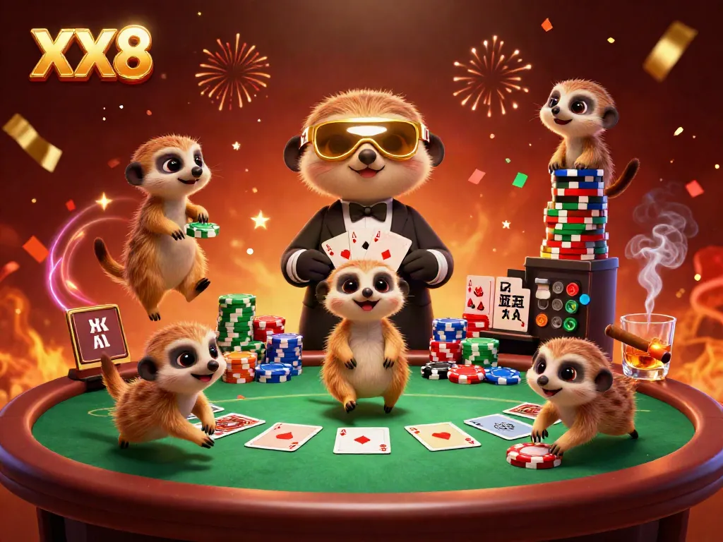 Meerkats managing a vibrant casino with poker elements, highlighting XX8 excitement and energy.