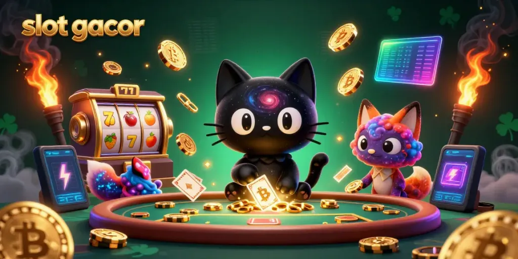 Spin the reels of slot gacor while enjoying cosmic vibes with the black hole cat and colorful fox.