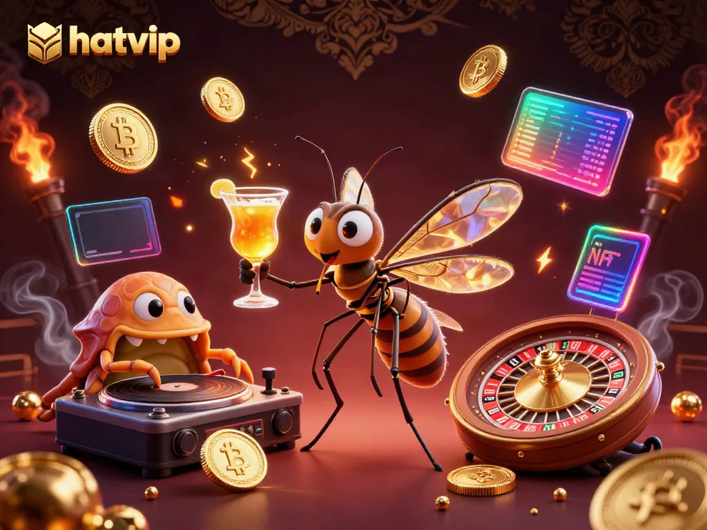 Nhatvip showcases a lively 3D casino with cartoon characters and vibrant crypto elements.