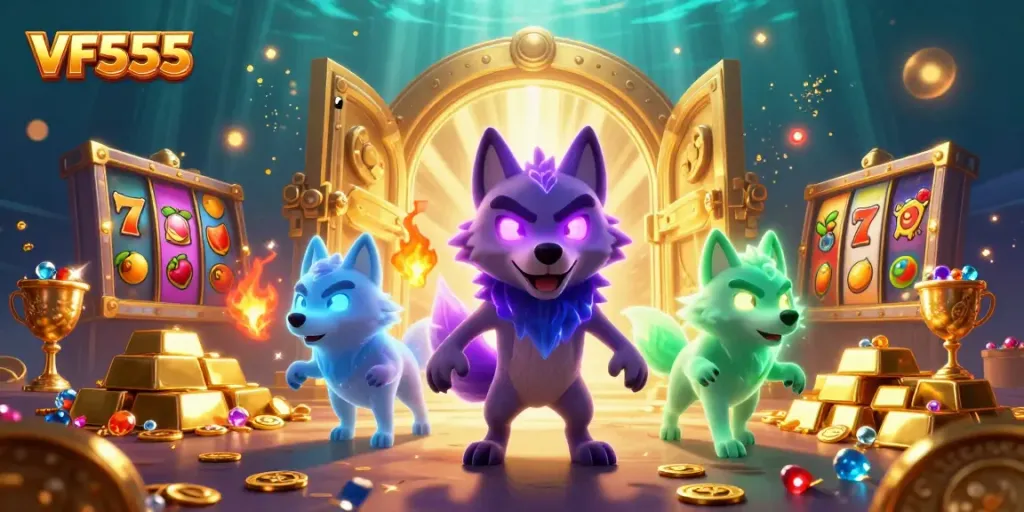 Experience the thrill of VF555 with radiant slot reels and ghostly wolves amidst treasure.