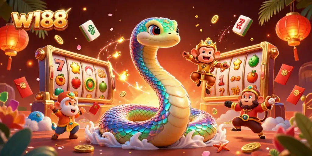 Engage with thrilling W188 casino action featuring a colorful rainbow serpent and monkey king in a vibrant gaming atmosphere.