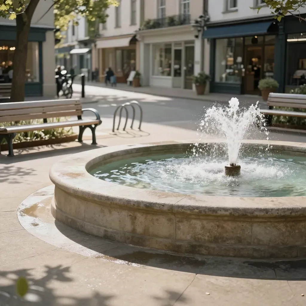 Sunlit plaza fountain with benches, bike rack, trees, and soft shopfront blur