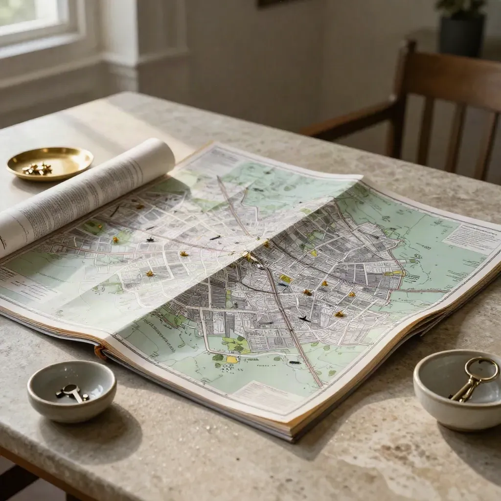 Open Cary town atlas on stone table with trail guide, brass pin tray, and key bowl at dawn.
