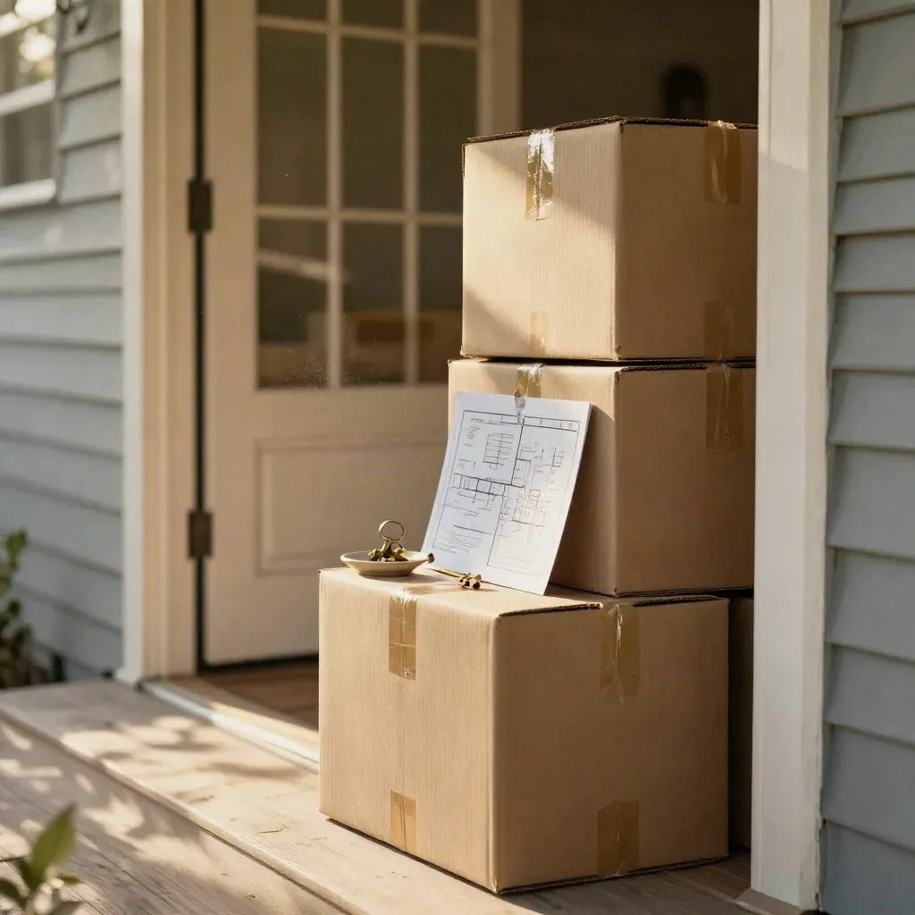Sunlit moving boxes by a doorway with a brass key on a ceramic dish