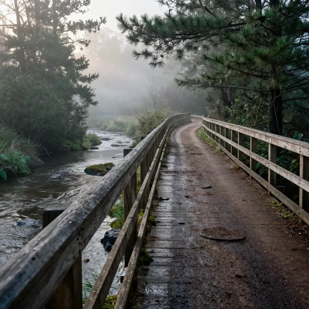 Fog lifting over a pine-lined greenway bridge and empty creekside trail.