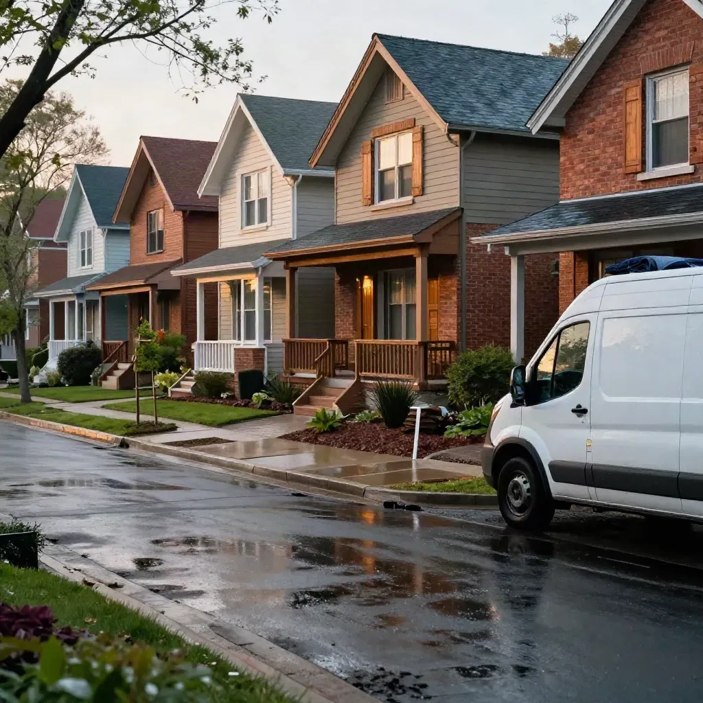 Rainy Cary street with Craftsman homes, brick houses, mulch beds, young trees, and a moving van