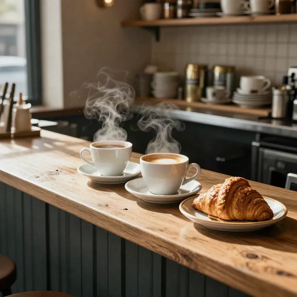 Espresso counter with steam, cups, croissant plate, and warm shelving in soft morning light.