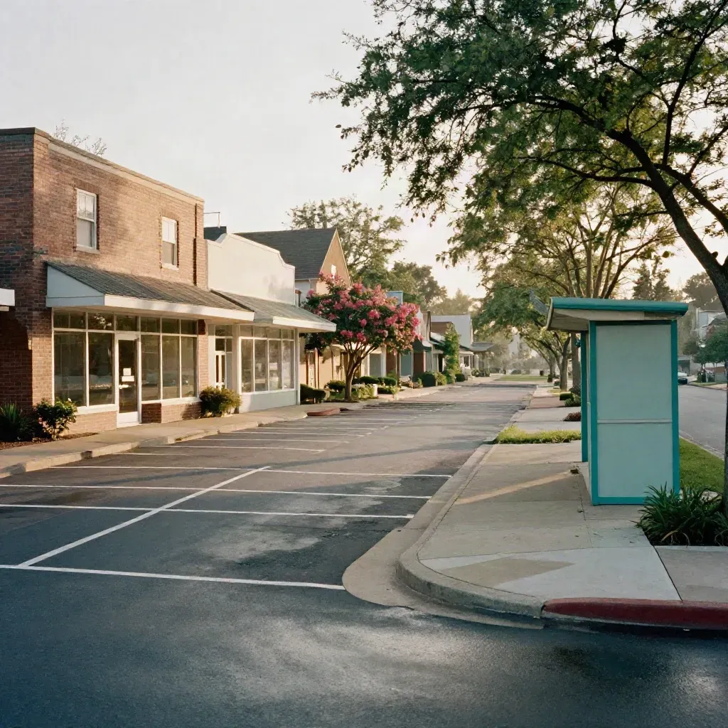 Dawn strip-mall shops beside a greenway path, empty parking spaces, and trees in a breeze.