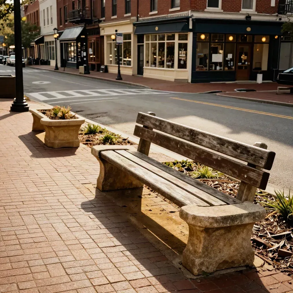 Downtown Cary block with brick walk, benches, planters, pocket lawn, and crosswalk in golden light.