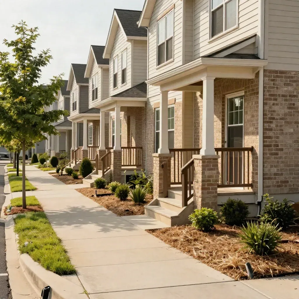 New townhomes and fresh landscaping along a clean West Cary sidewalk in bright summer heat.